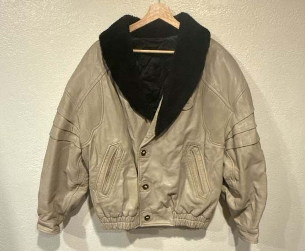 Rare Vintage Claude Bonucci Bomber Jacket Beige Shearling Fur Collar.